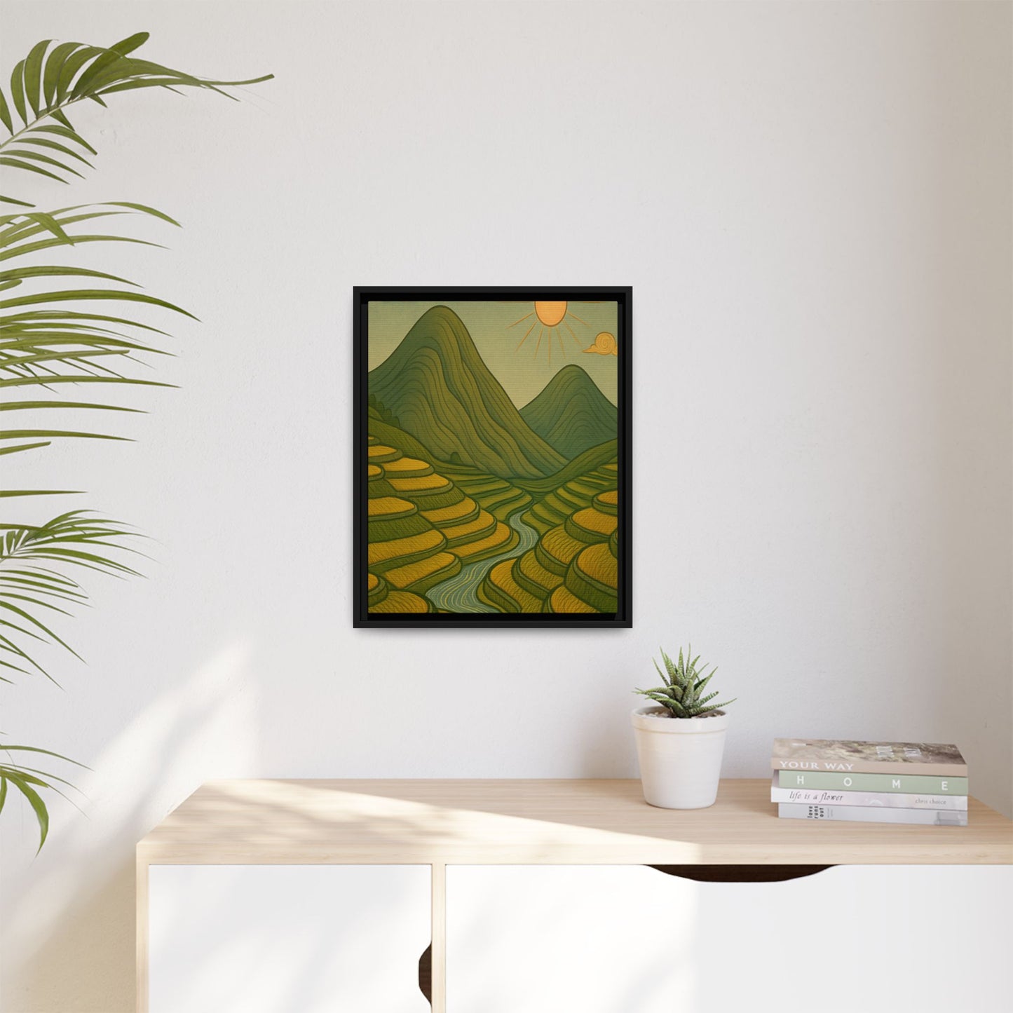 Framelle's Serene Landscape Framed Canvas Art Print - Mountain & Sun Decor