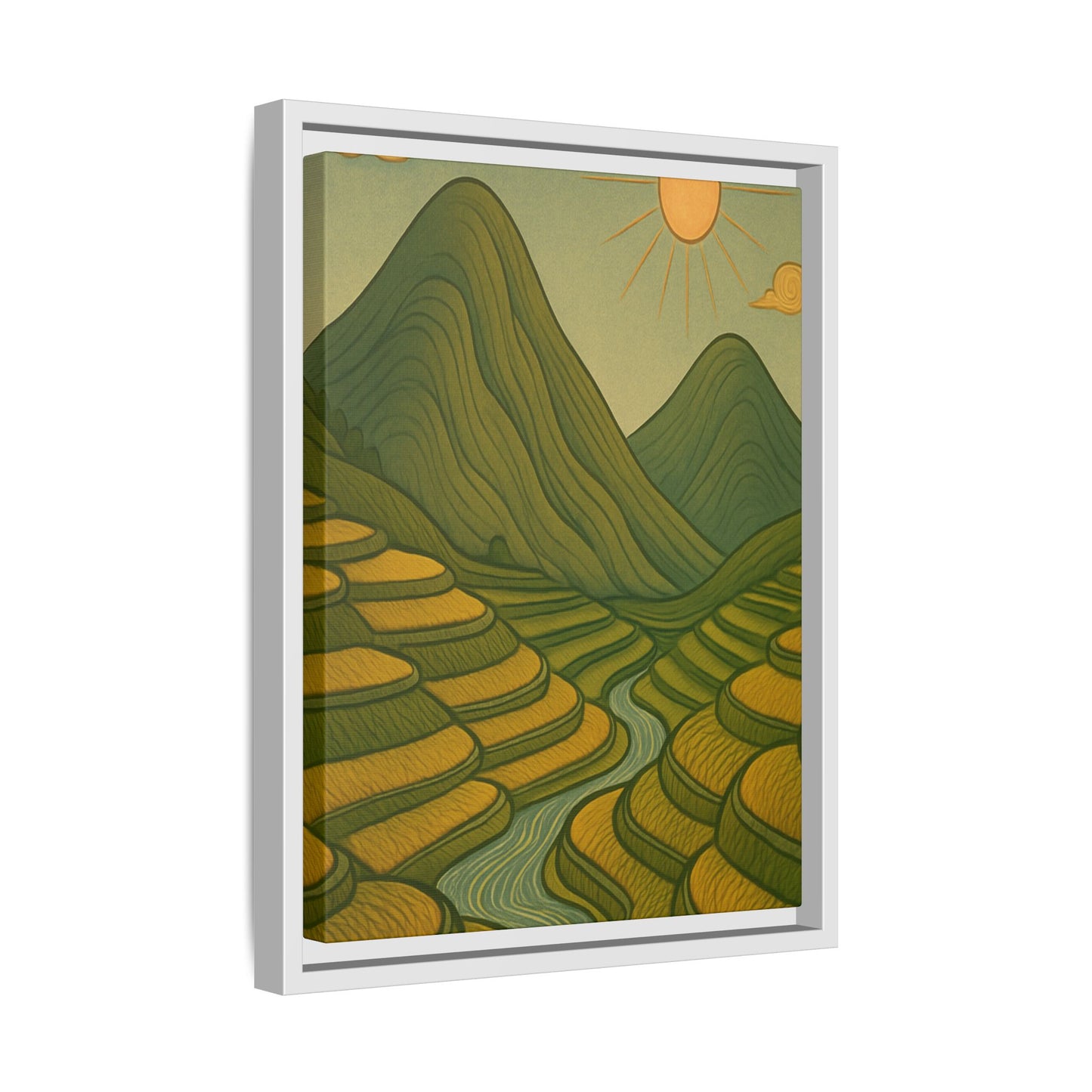 Framelle's Serene Landscape Framed Canvas Art Print - Mountain & Sun Decor