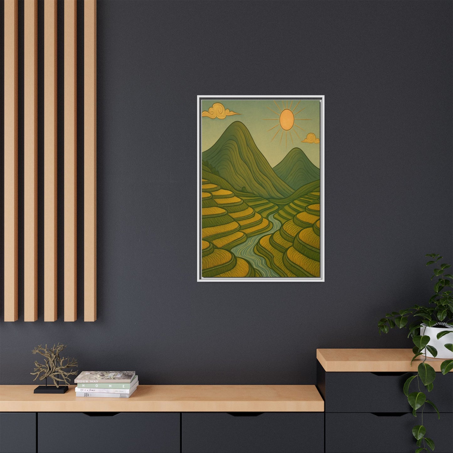 Framelle's Serene Landscape Framed Canvas Art Print - Mountain & Sun Decor