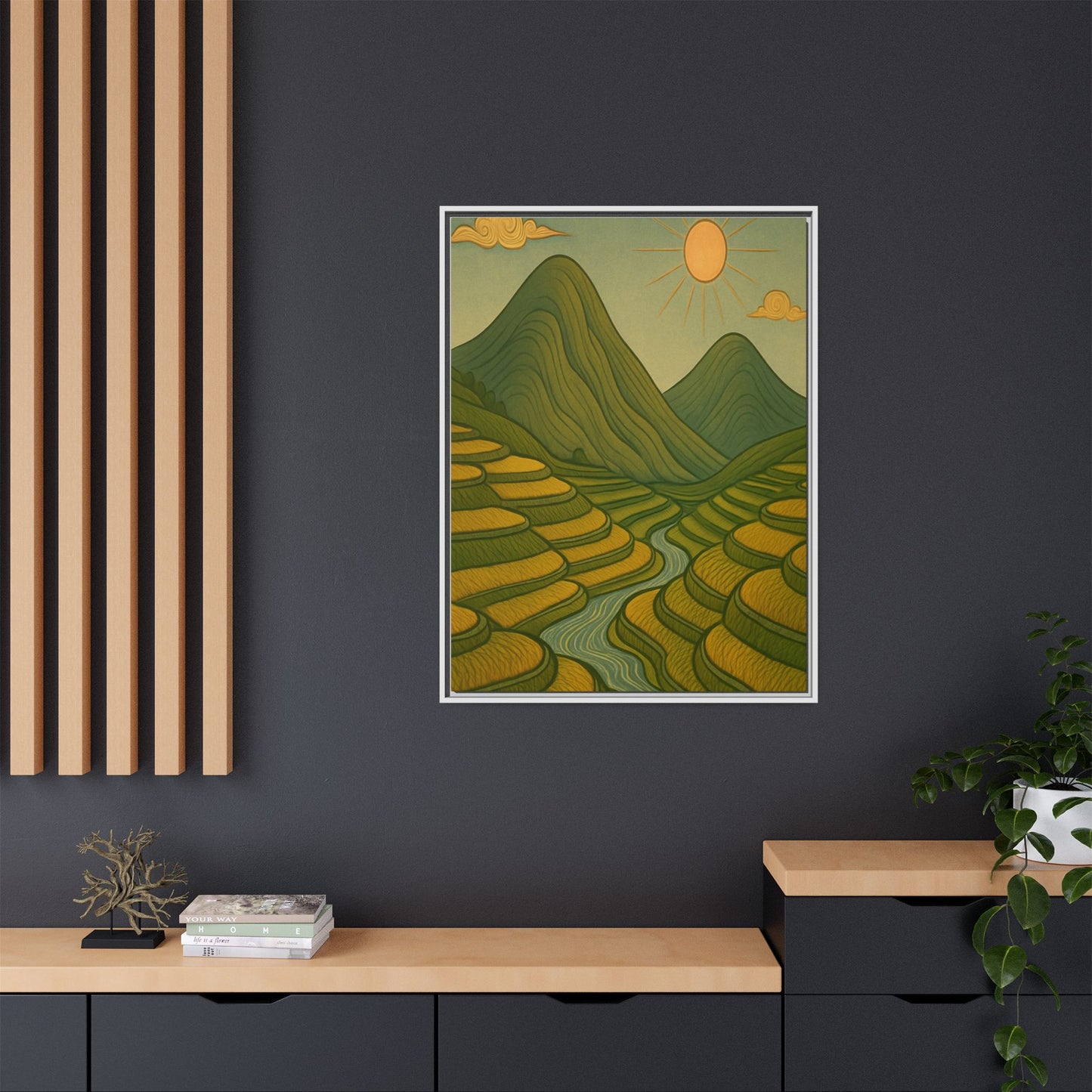 Framelle's Serene Landscape Framed Canvas Art Print - Mountain & Sun Decor