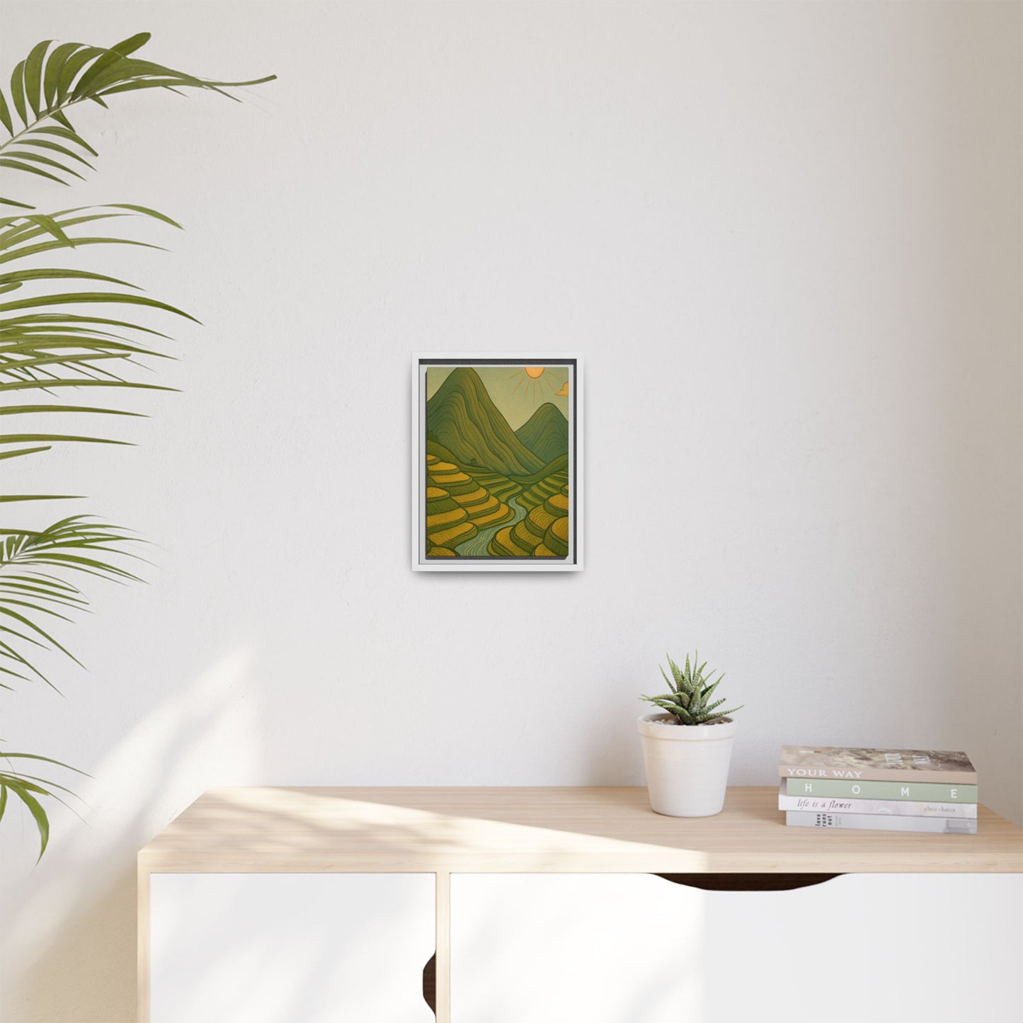 Framelle's Serene Landscape Framed Canvas Art Print - Mountain & Sun Decor