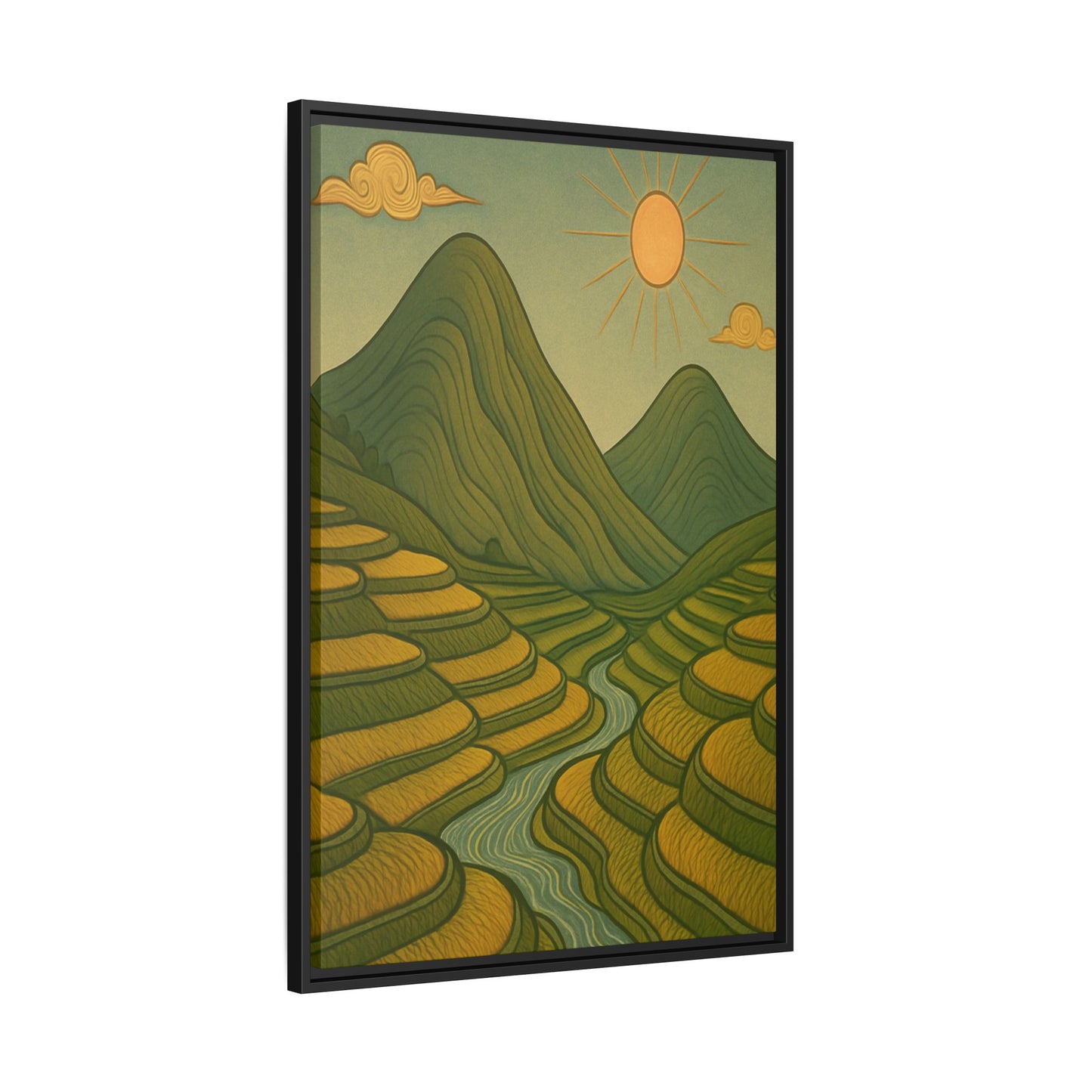 Framelle's Serene Landscape Framed Canvas Art Print - Mountain & Sun Decor
