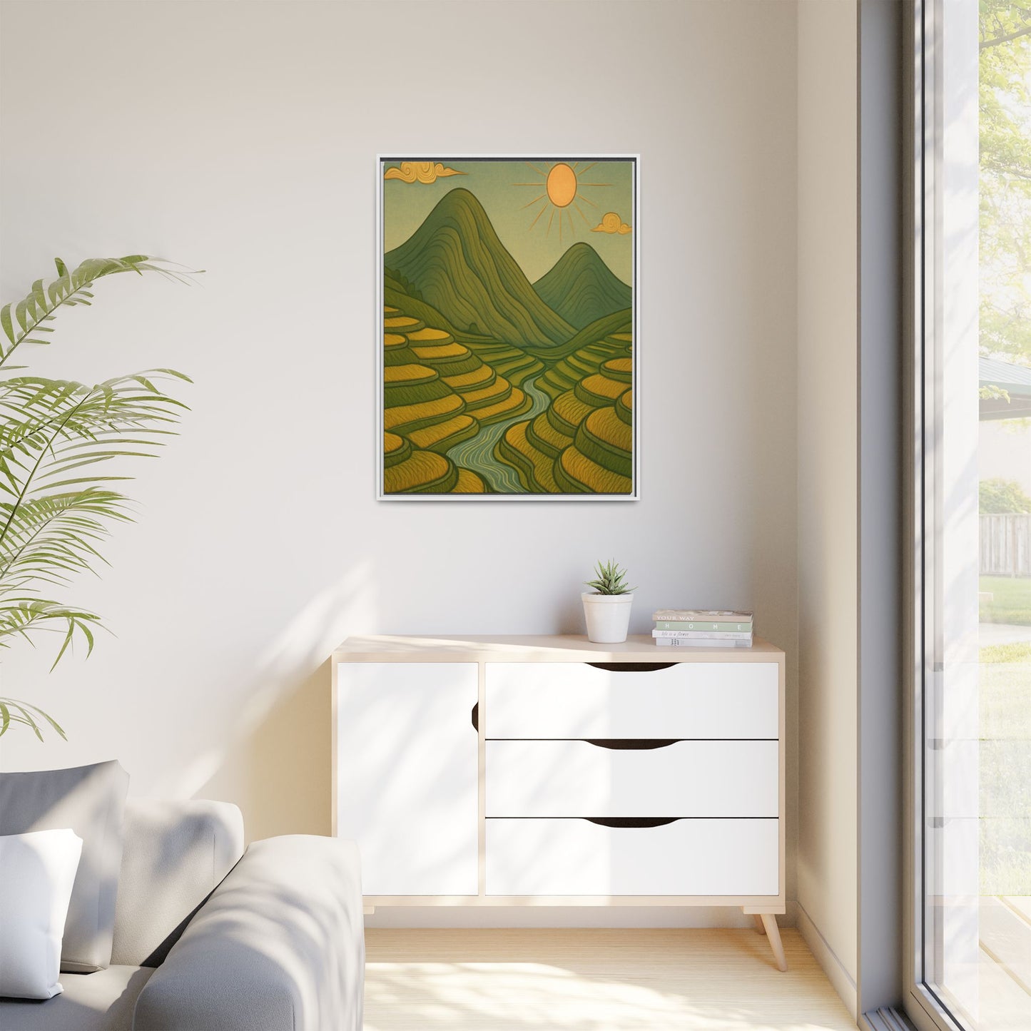 Framelle's Serene Landscape Framed Canvas Art Print - Mountain & Sun Decor