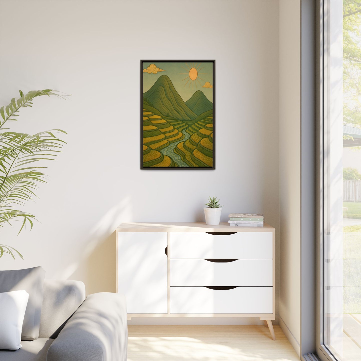 Framelle's Serene Landscape Framed Canvas Art Print - Mountain & Sun Decor