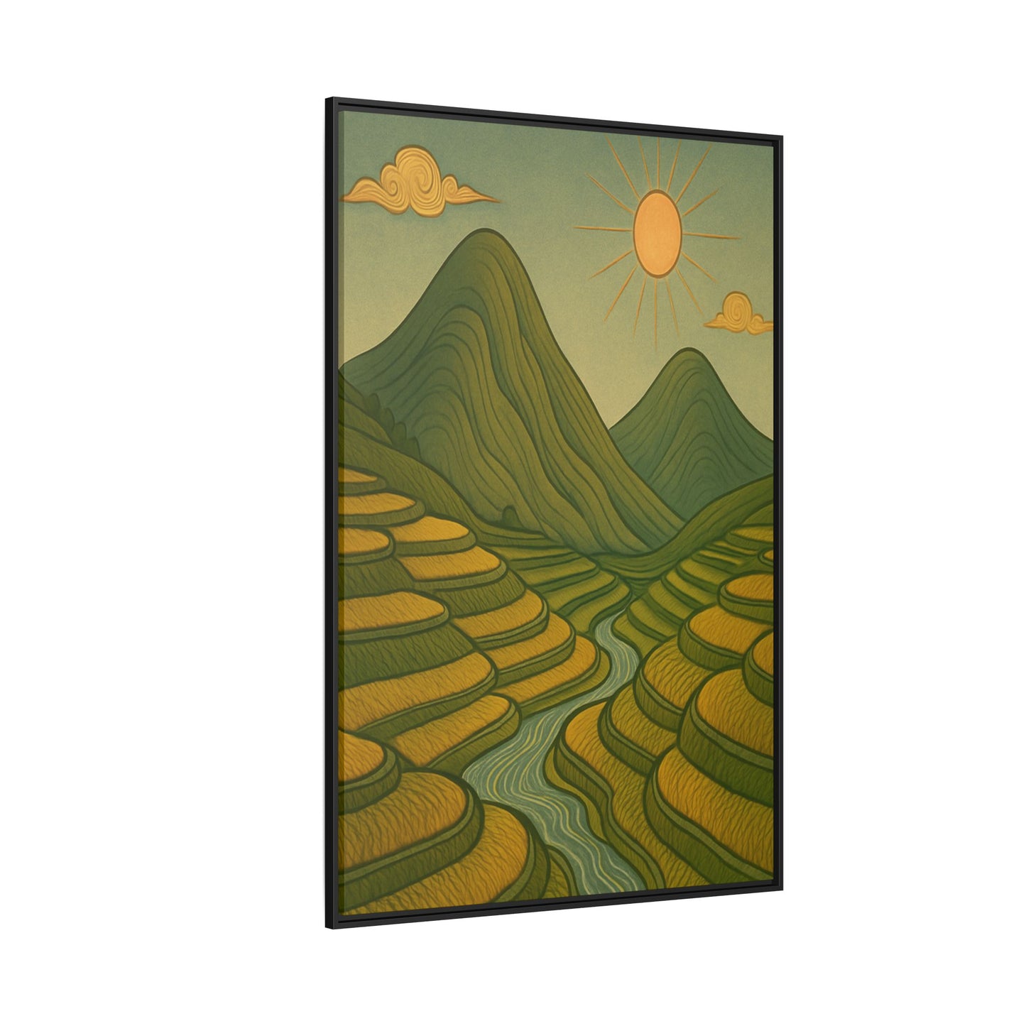 Framelle's Serene Landscape Framed Canvas Art Print - Mountain & Sun Decor
