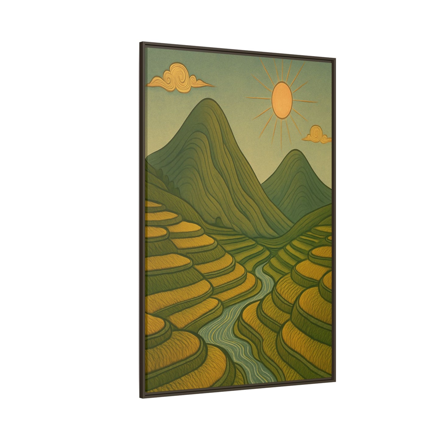 Framelle's Serene Landscape Framed Canvas Art Print - Mountain & Sun Decor