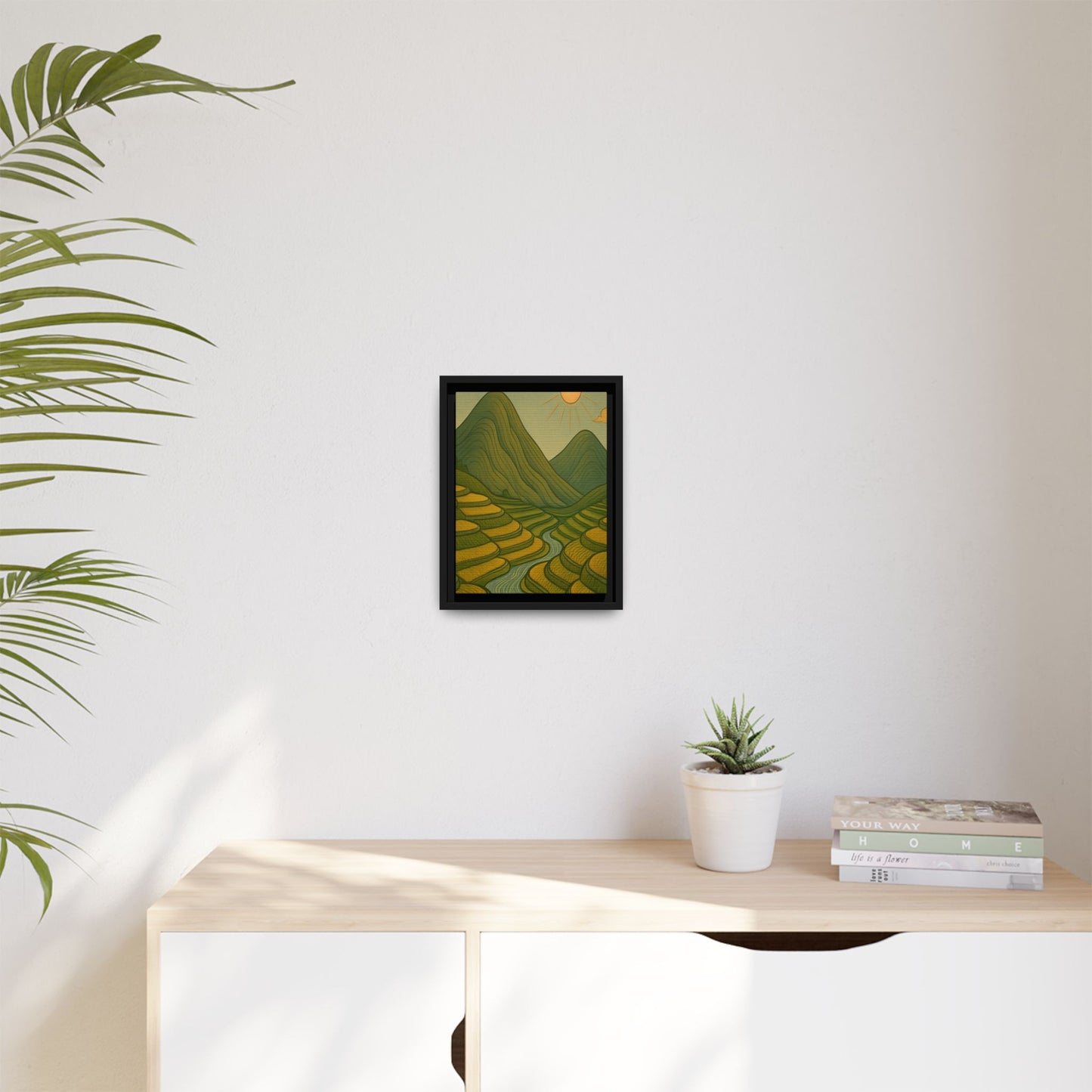 Framelle's Serene Landscape Framed Canvas Art Print - Mountain & Sun Decor
