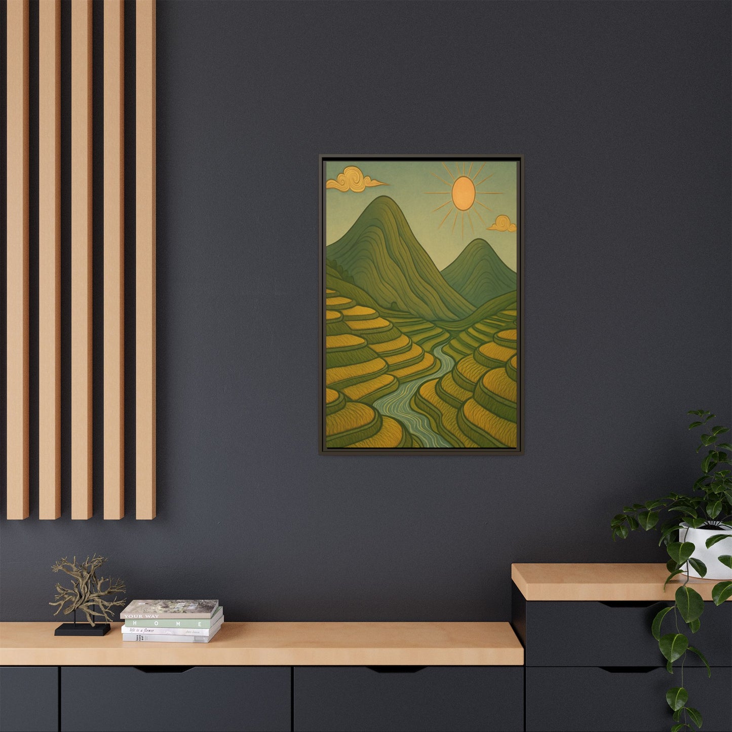 Framelle's Serene Landscape Framed Canvas Art Print - Mountain & Sun Decor