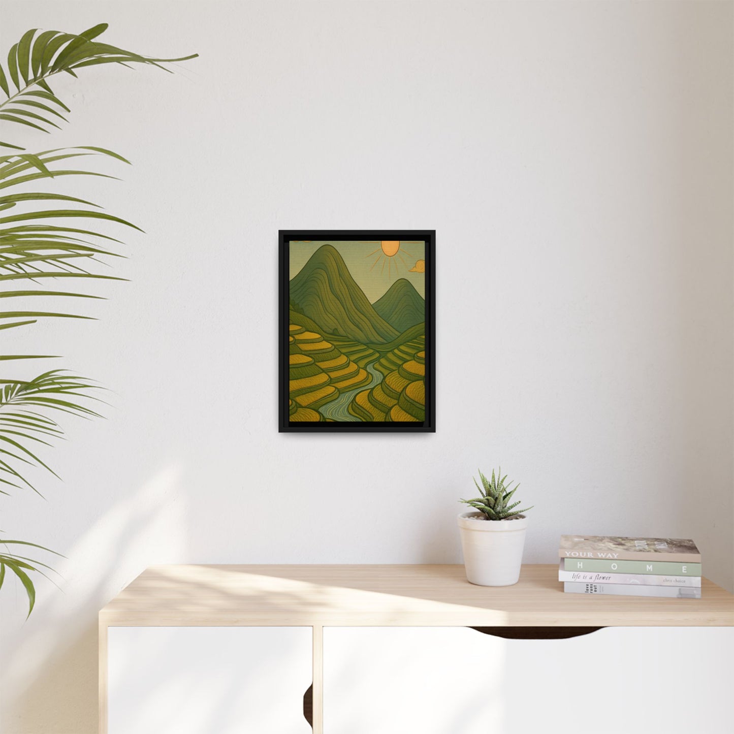 Framelle's Serene Landscape Framed Canvas Art Print - Mountain & Sun Decor