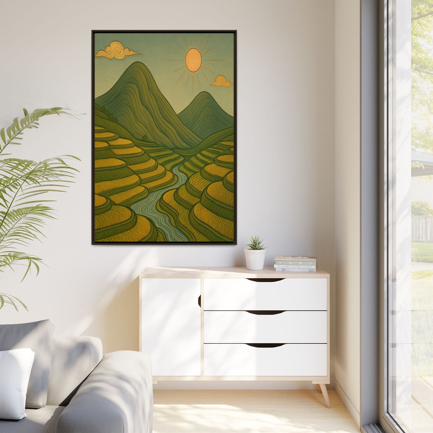 Framelle's Serene Landscape Framed Canvas Art Print - Mountain & Sun Decor