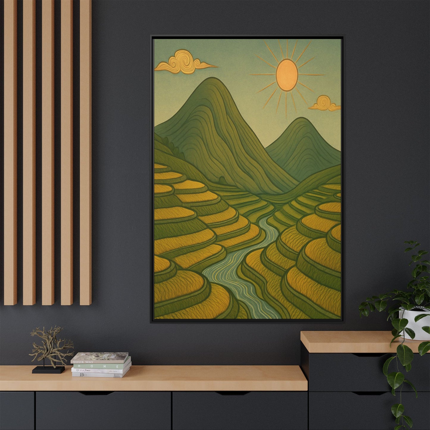 Framelle's Serene Landscape Framed Canvas Art Print - Mountain & Sun Decor