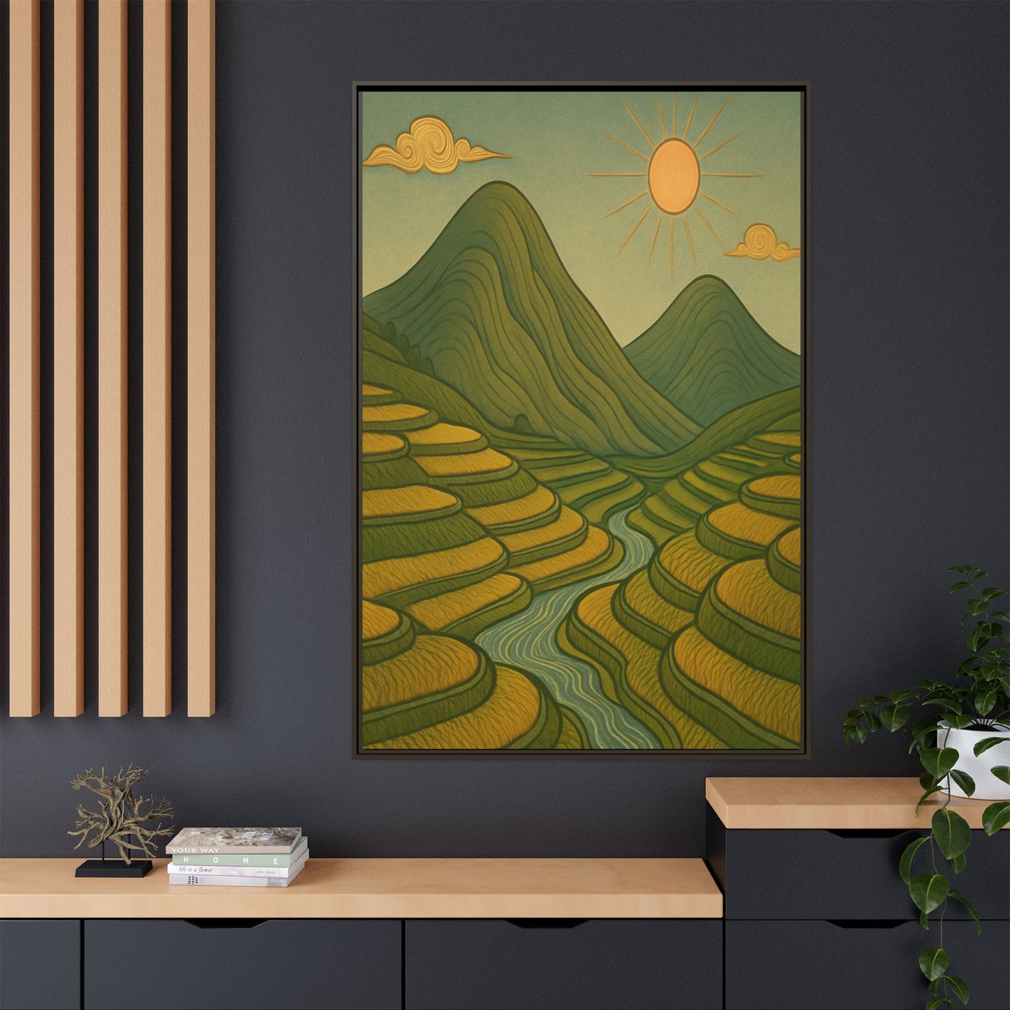 Framelle's Serene Landscape Framed Canvas Art Print - Mountain & Sun Decor