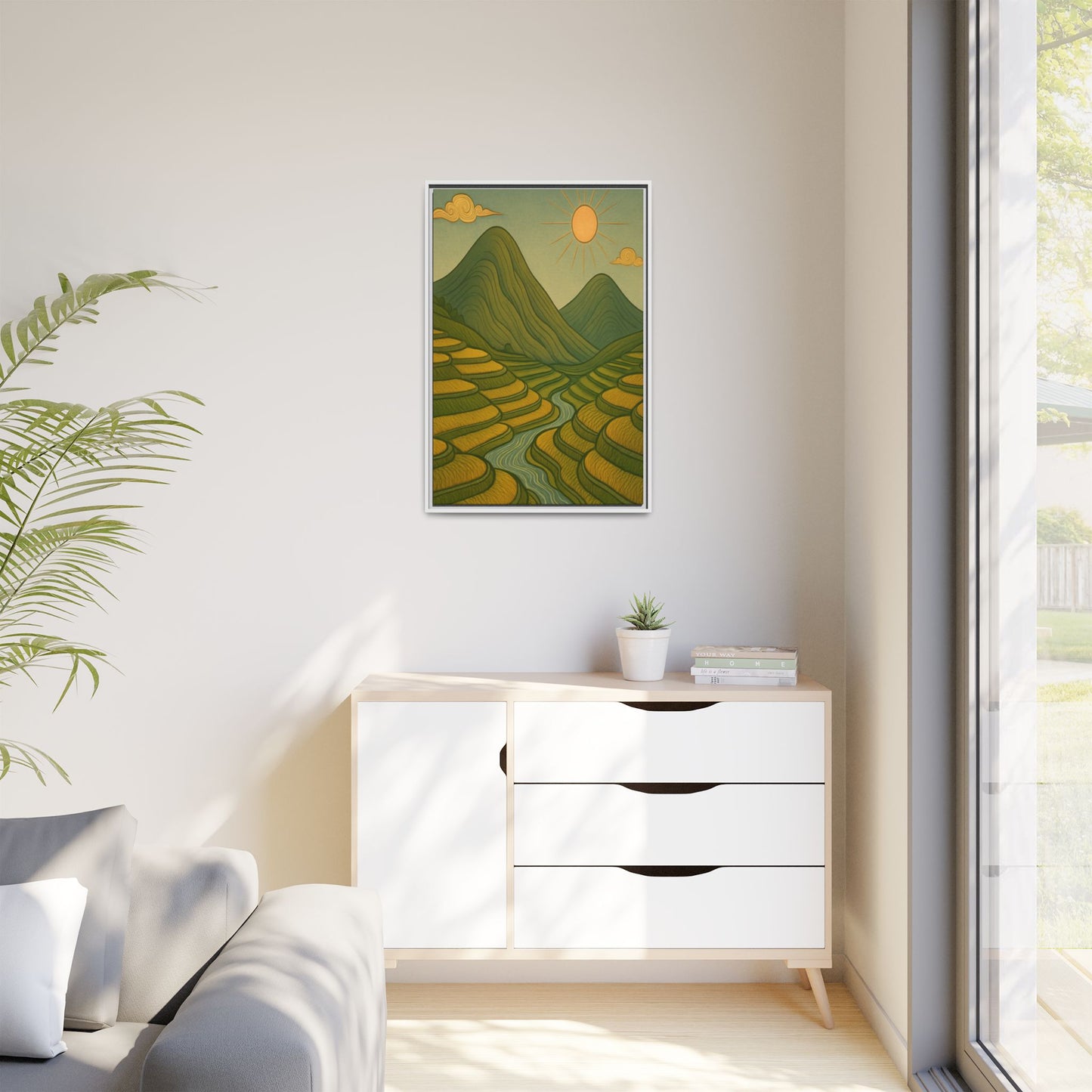 Framelle's Serene Landscape Framed Canvas Art Print - Mountain & Sun Decor