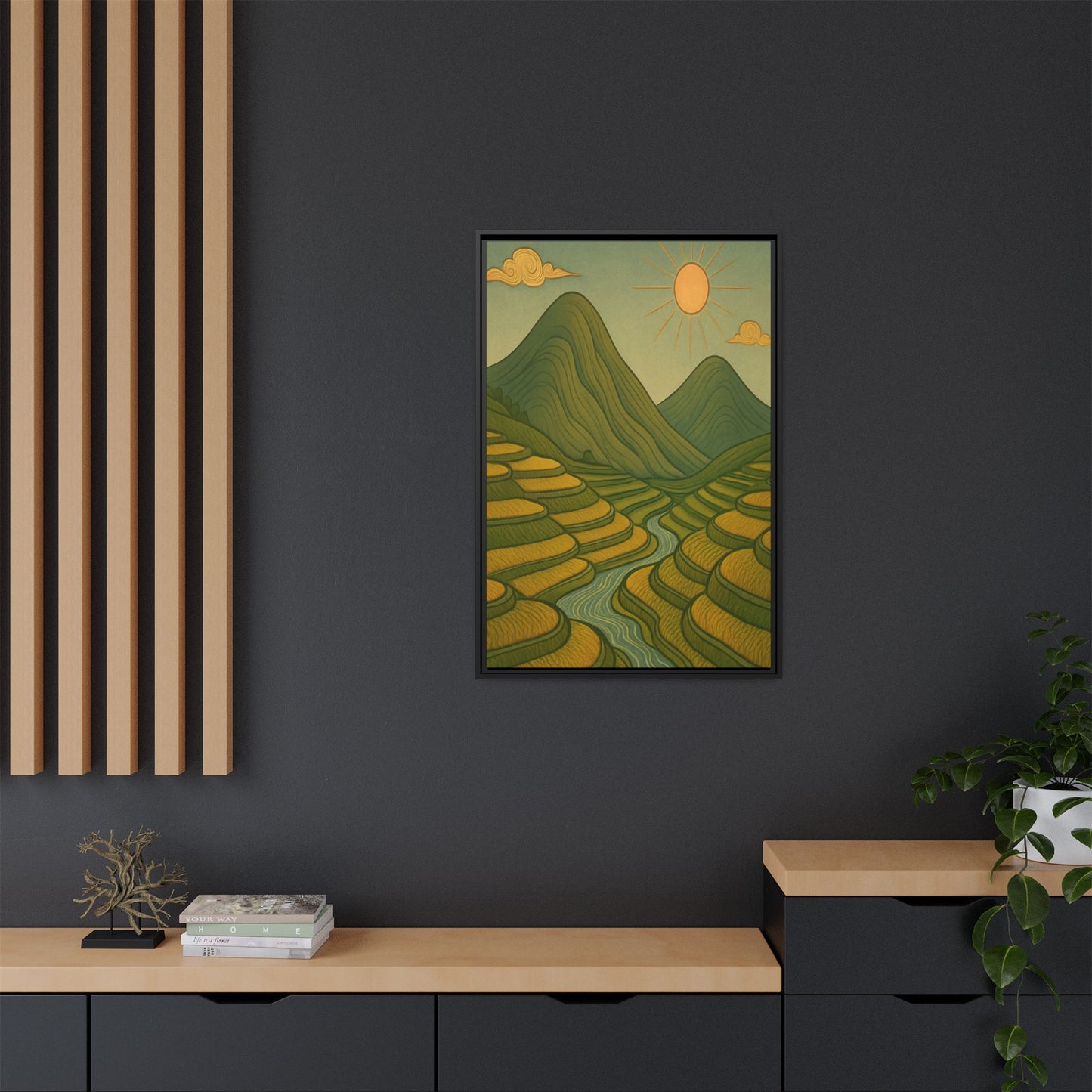 Framelle's Serene Landscape Framed Canvas Art Print - Mountain & Sun Decor