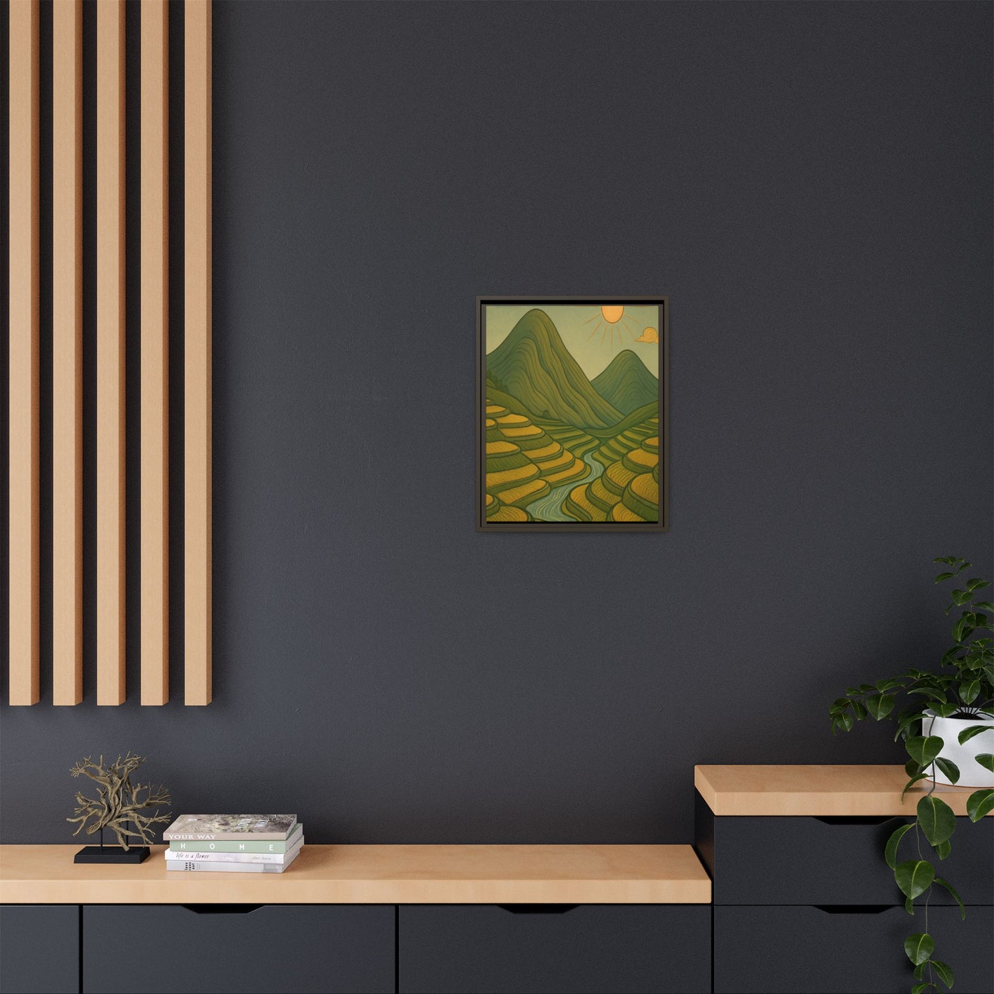 Framelle's Serene Landscape Framed Canvas Art Print - Mountain & Sun Decor