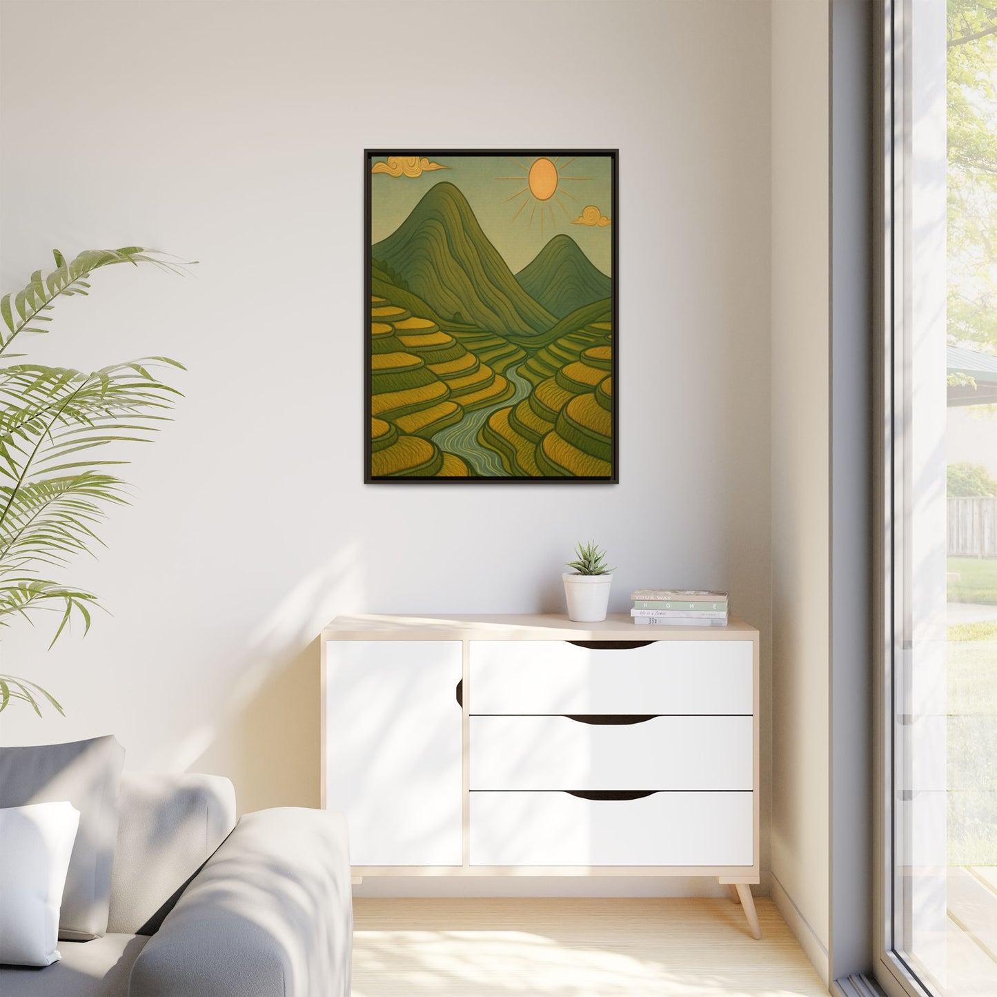 Framelle's Serene Landscape Framed Canvas Art Print - Mountain & Sun Decor