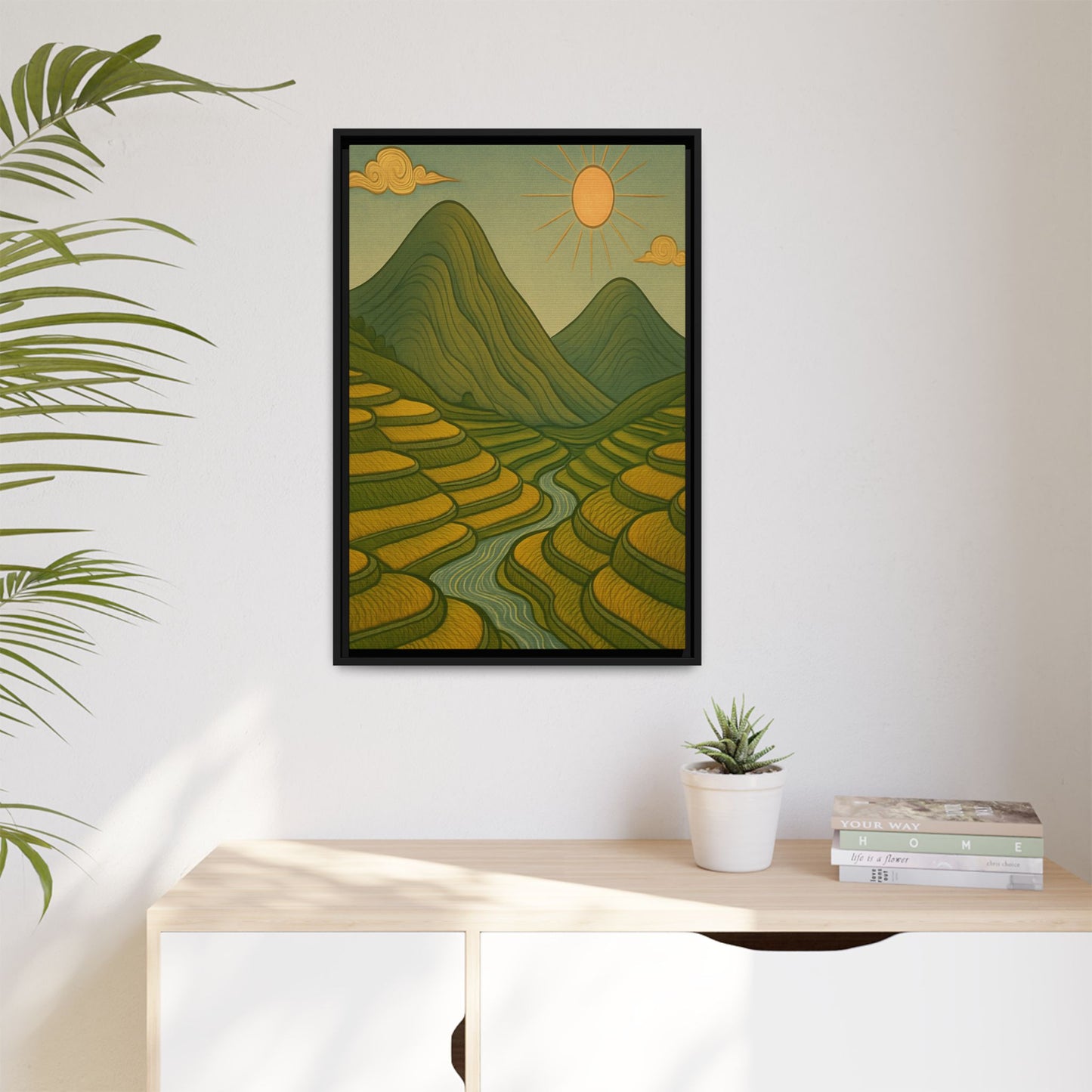 Framelle's Serene Landscape Framed Canvas Art Print - Mountain & Sun Decor