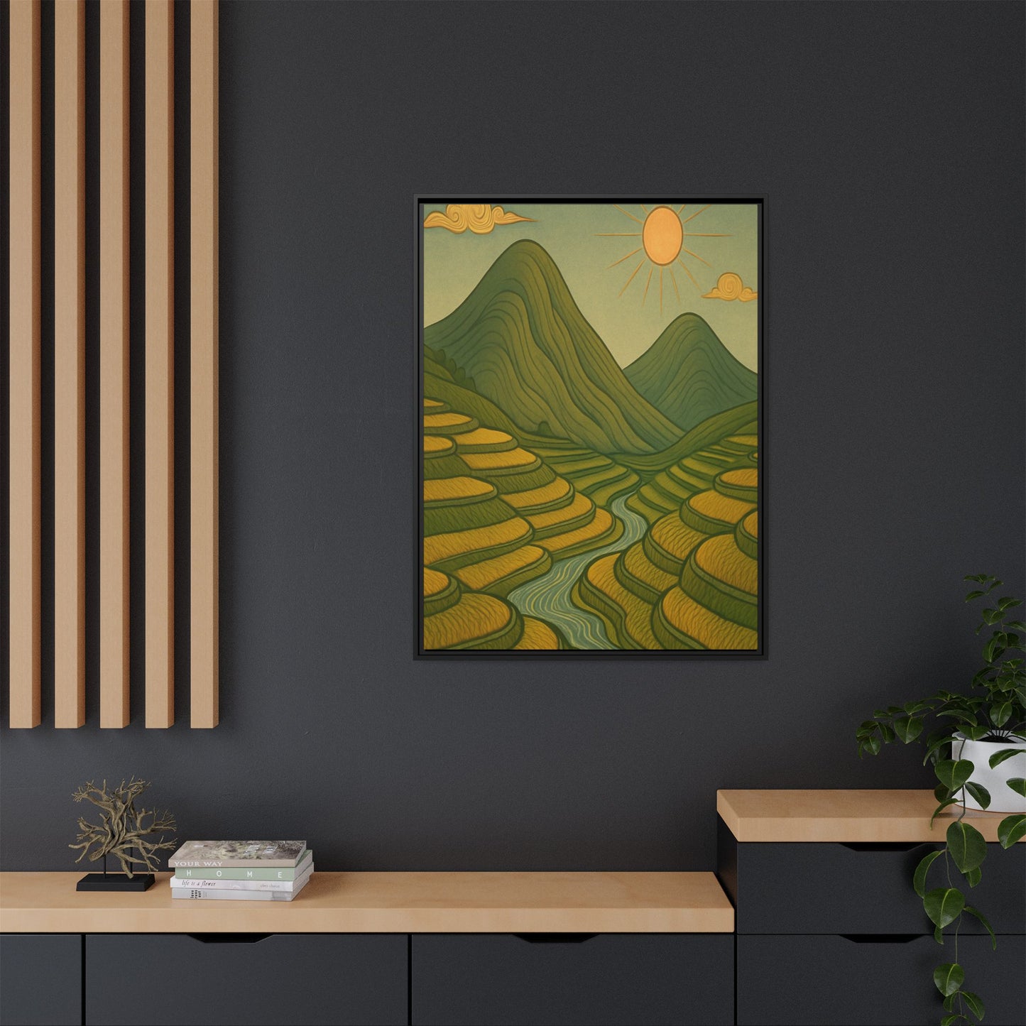 Framelle's Serene Landscape Framed Canvas Art Print - Mountain & Sun Decor