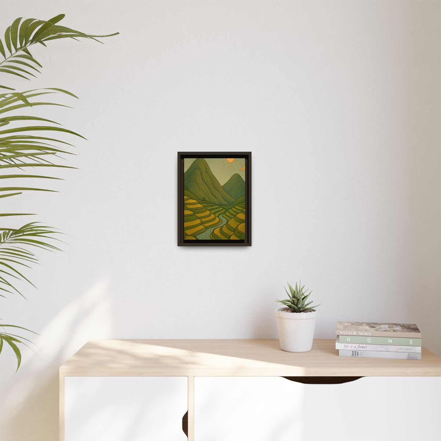 Framelle's Serene Landscape Framed Canvas Art Print - Mountain & Sun Decor