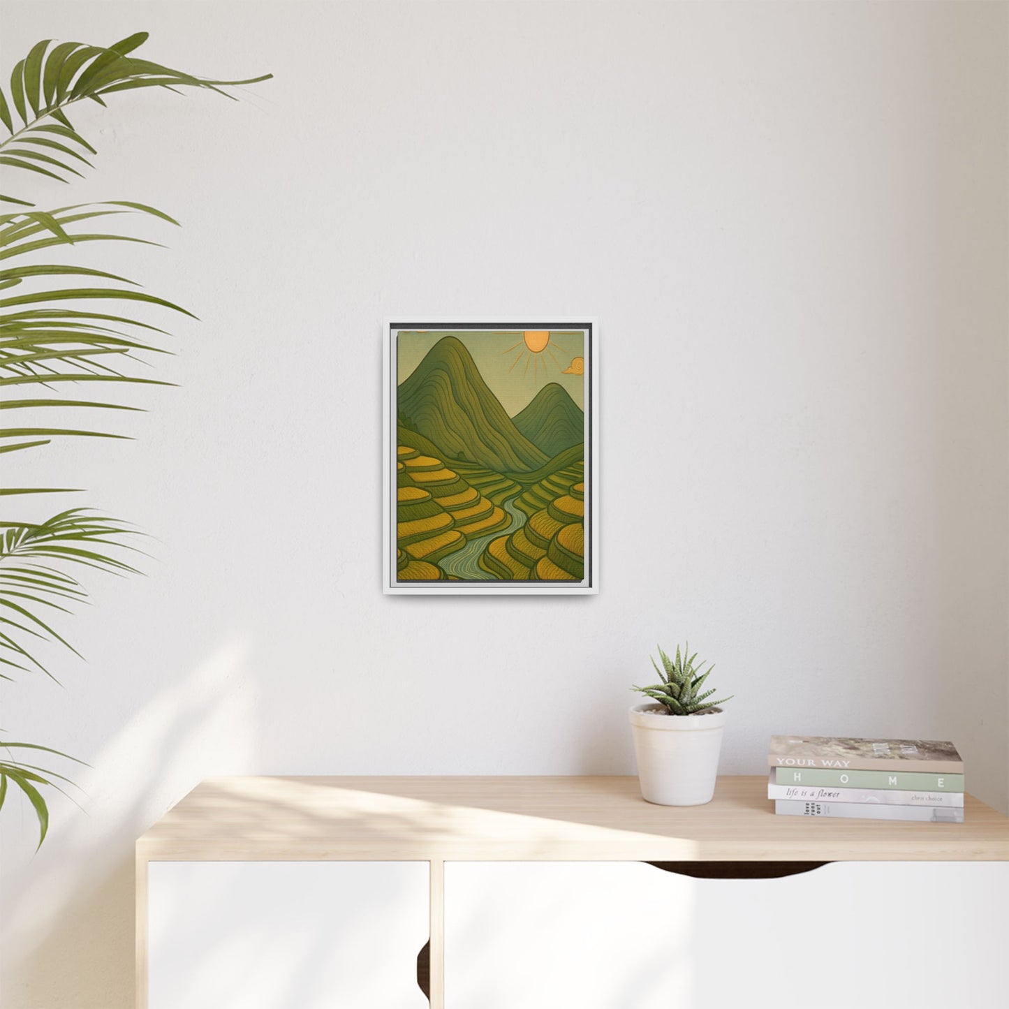 Framelle's Serene Landscape Framed Canvas Art Print - Mountain & Sun Decor
