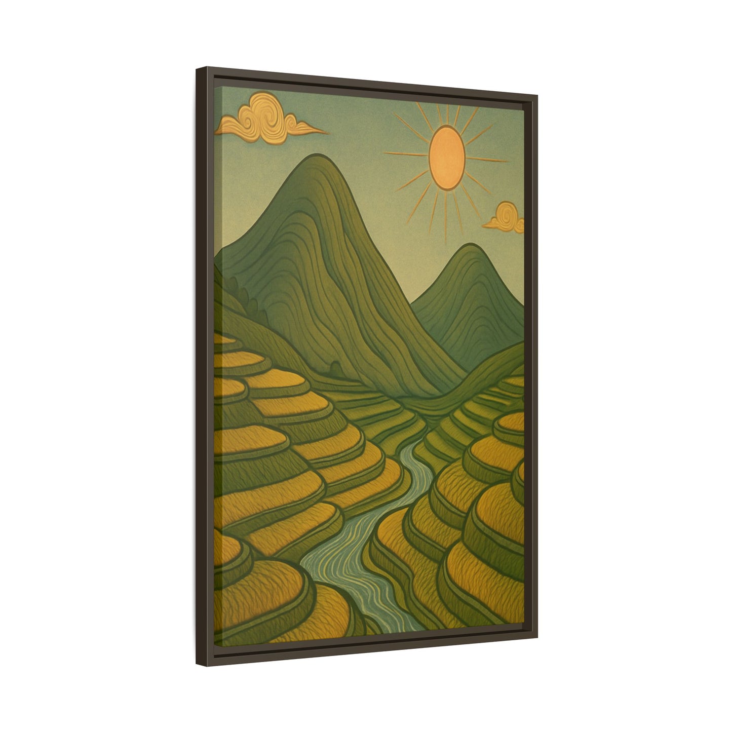 Framelle's Serene Landscape Framed Canvas Art Print - Mountain & Sun Decor