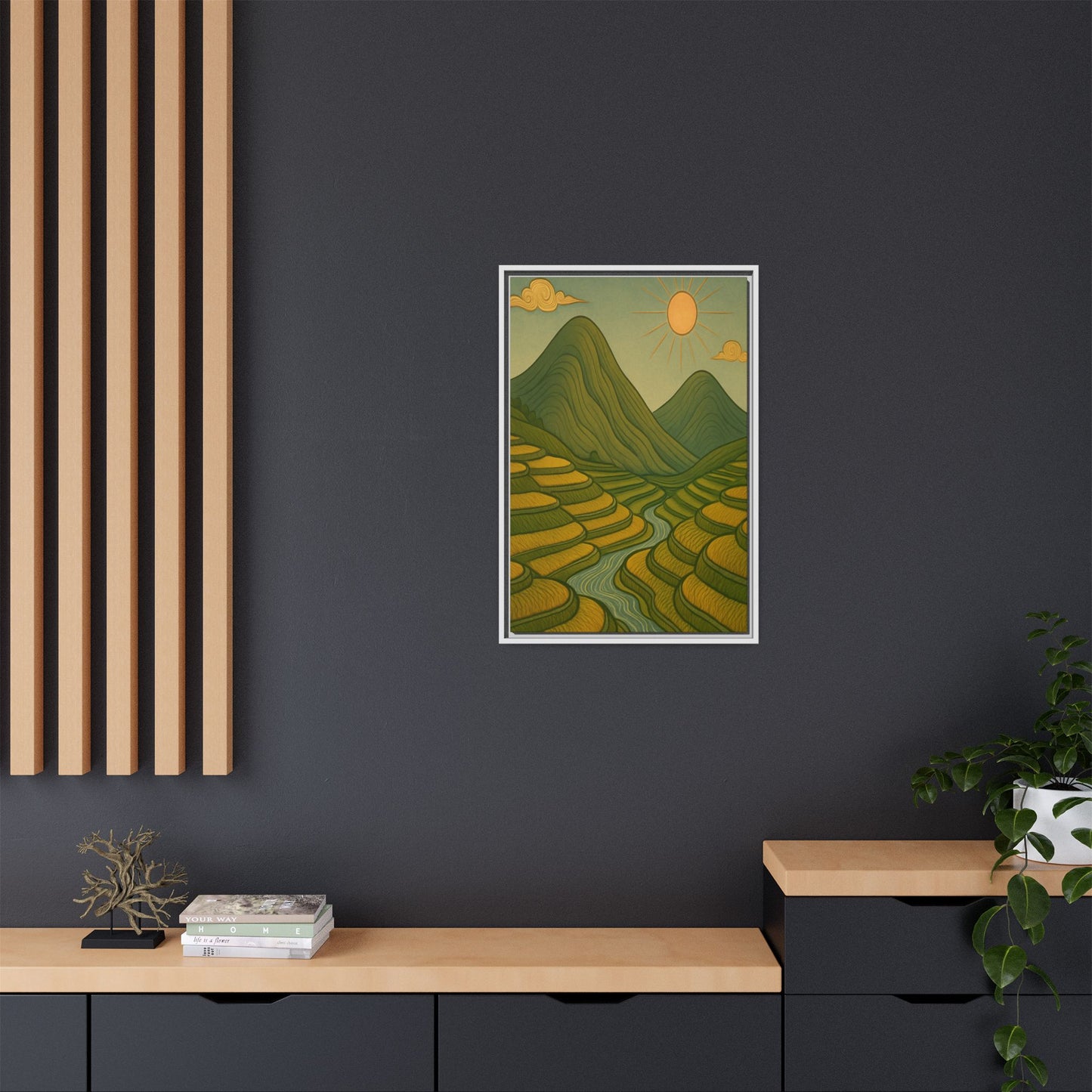 Framelle's Serene Landscape Framed Canvas Art Print - Mountain & Sun Decor