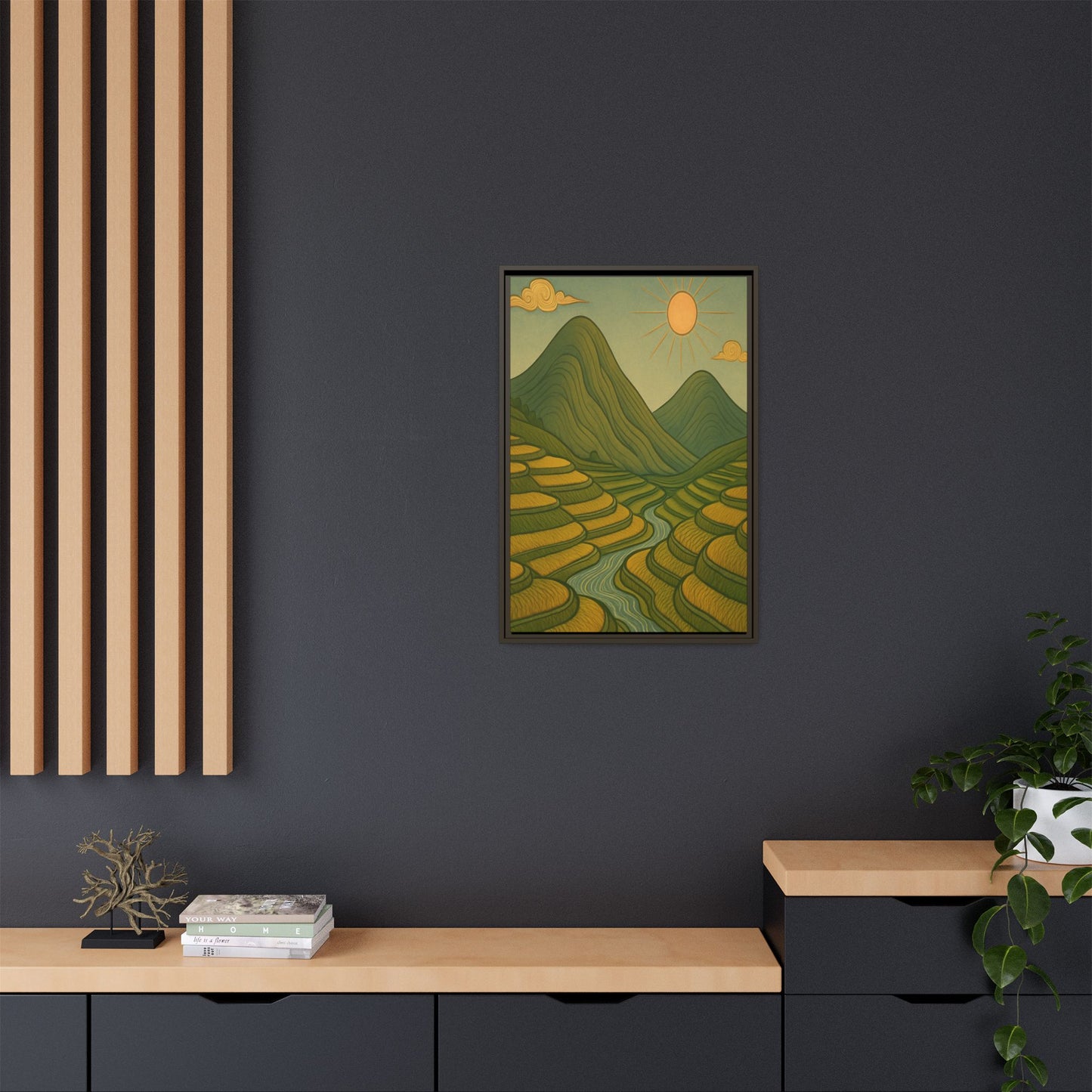 Framelle's Serene Landscape Framed Canvas Art Print - Mountain & Sun Decor