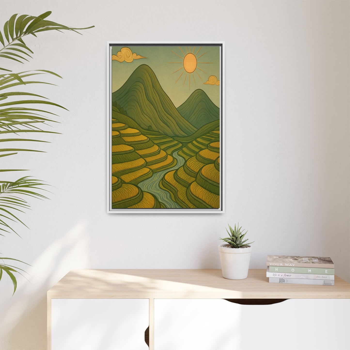 Framelle's Serene Landscape Framed Canvas Art Print - Mountain & Sun Decor