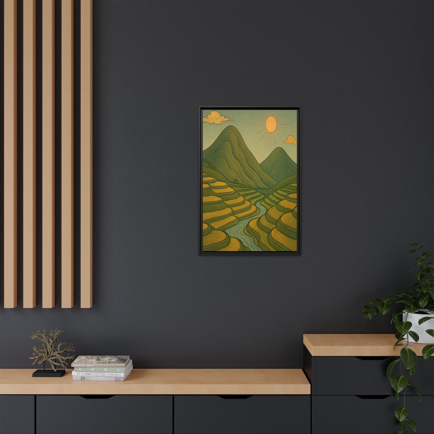 Framelle's Serene Landscape Framed Canvas Art Print - Mountain & Sun Decor