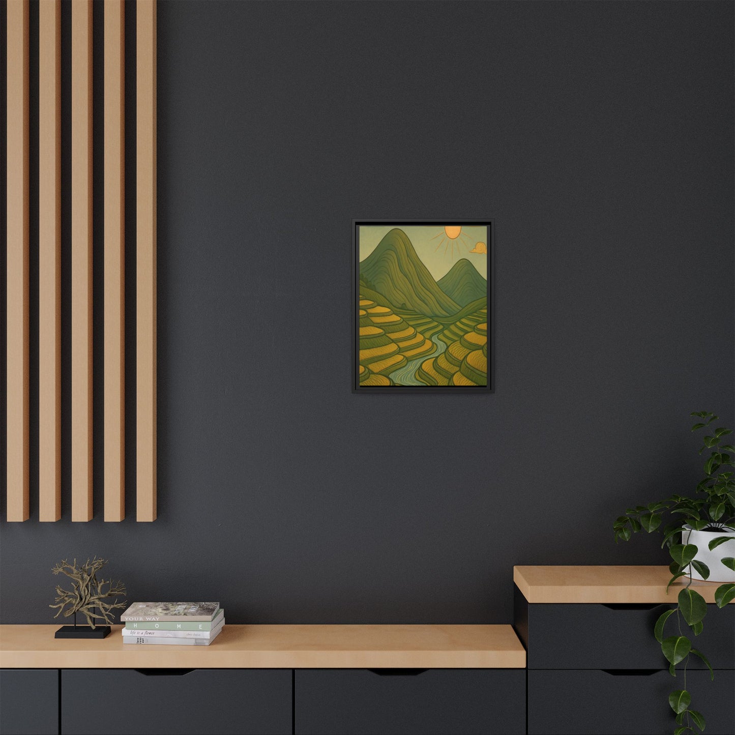Framelle's Serene Landscape Framed Canvas Art Print - Mountain & Sun Decor