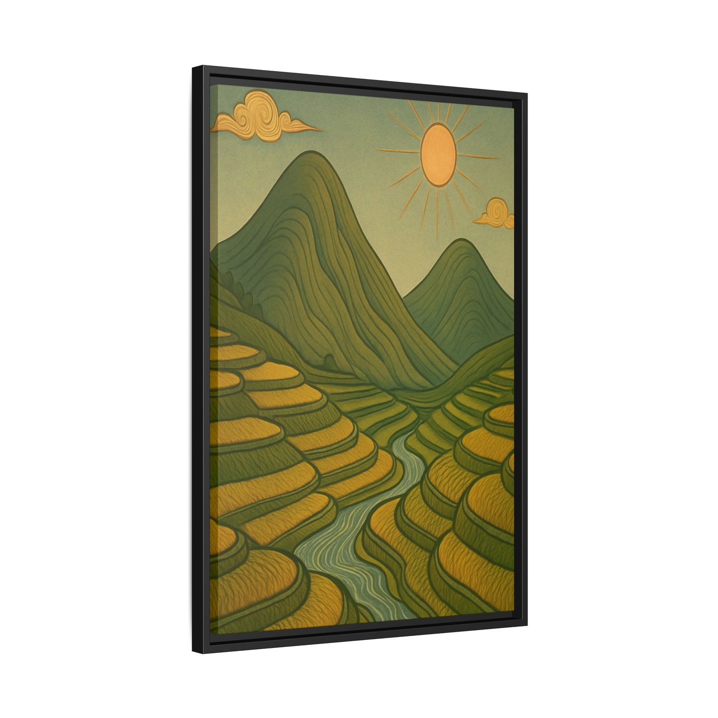 Framelle's Serene Landscape Framed Canvas Art Print - Mountain & Sun Decor