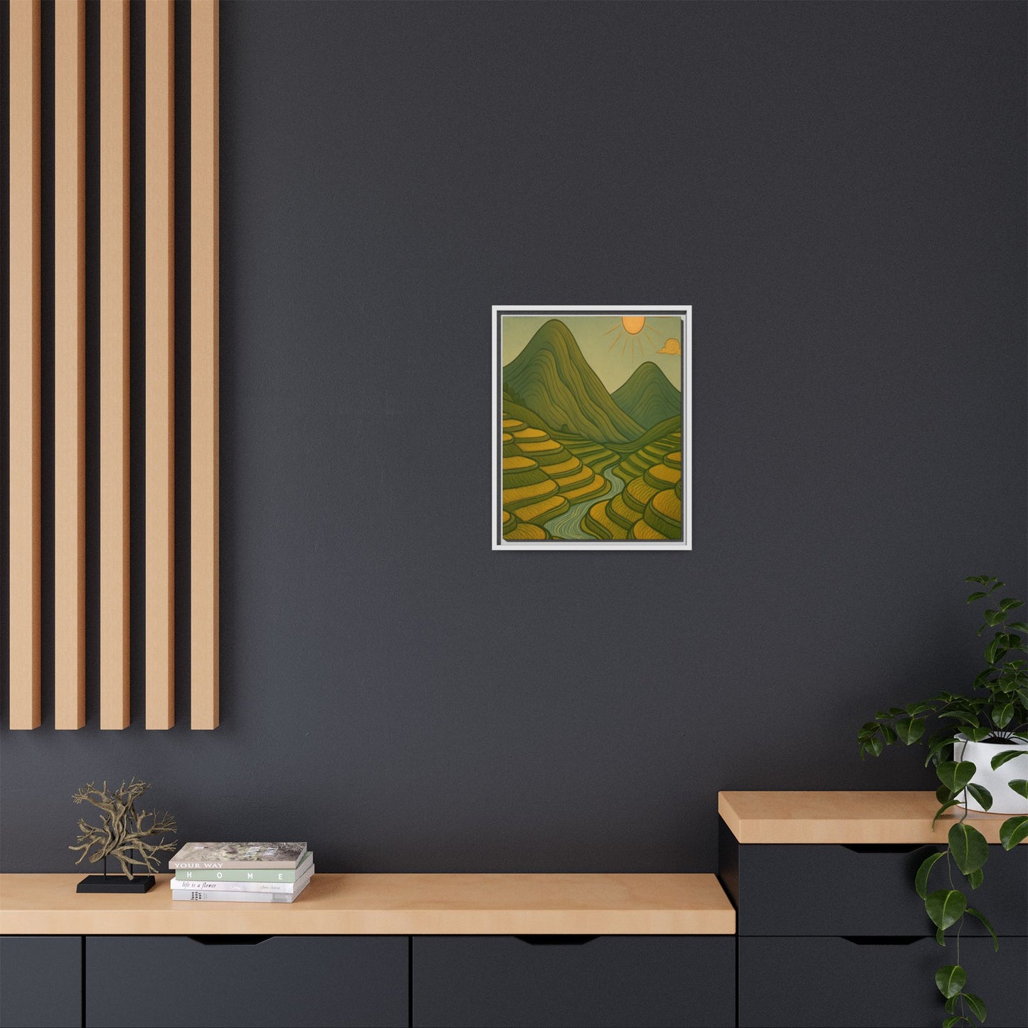 Framelle's Serene Landscape Framed Canvas Art Print - Mountain & Sun Decor