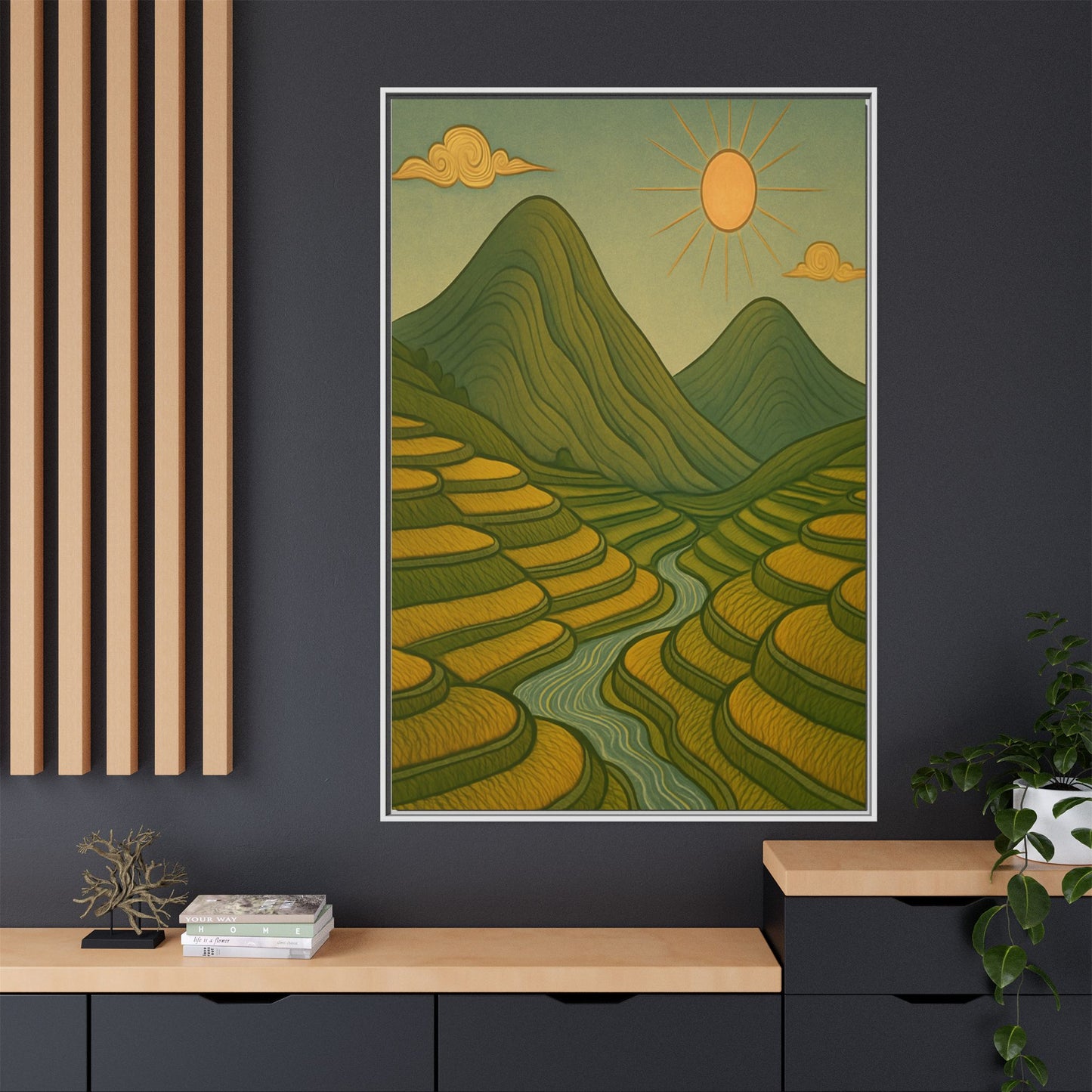 Framelle's Serene Landscape Framed Canvas Art Print - Mountain & Sun Decor