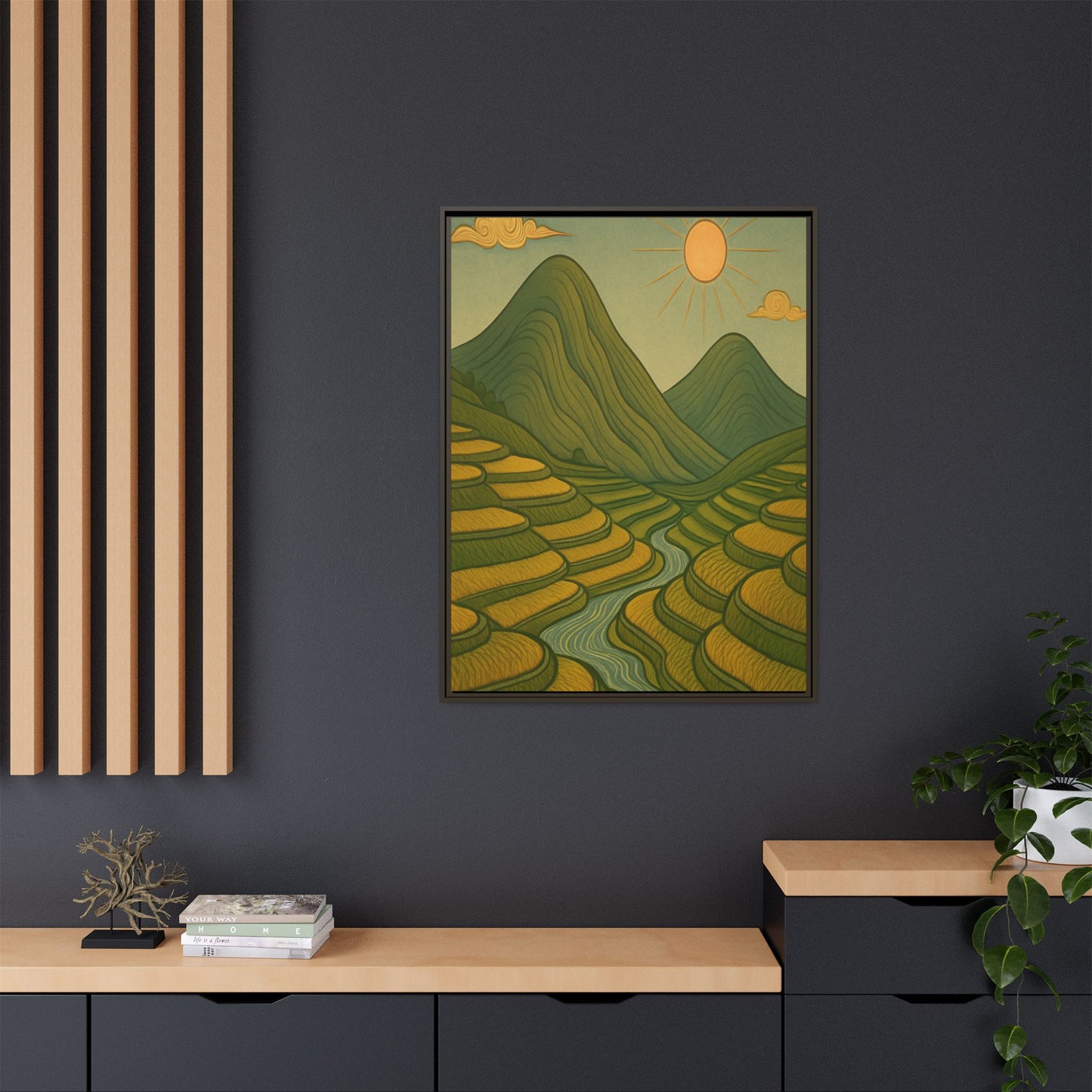 Framelle's Serene Landscape Framed Canvas Art Print - Mountain & Sun Decor