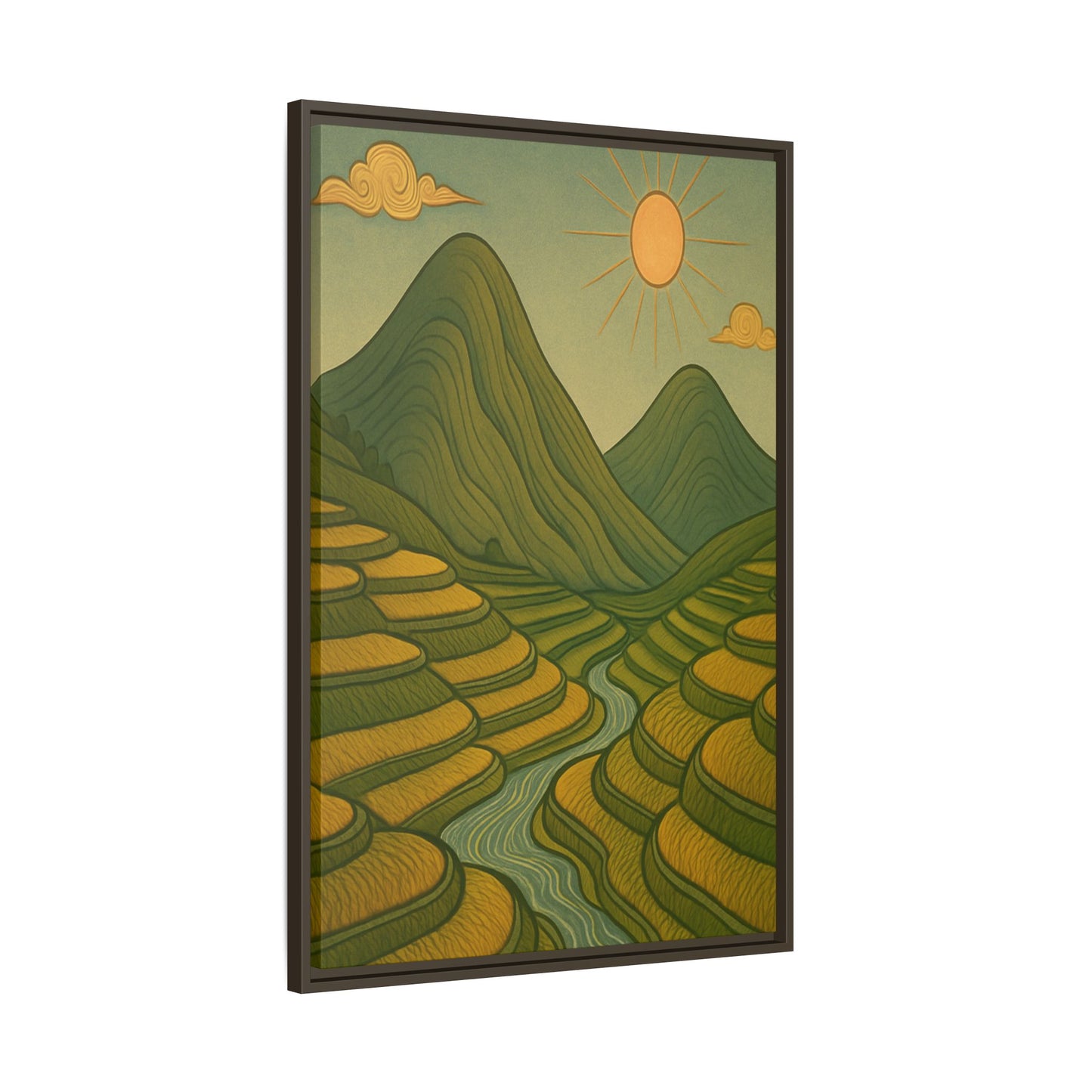 Framelle's Serene Landscape Framed Canvas Art Print - Mountain & Sun Decor